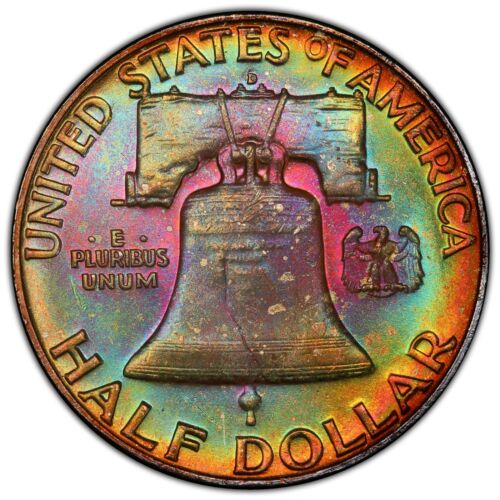 1958 D Franklin Half Dollar PCGS MS66FBL Insanely Rainbow Toned Full Bell Lines - Picture 1 of 6