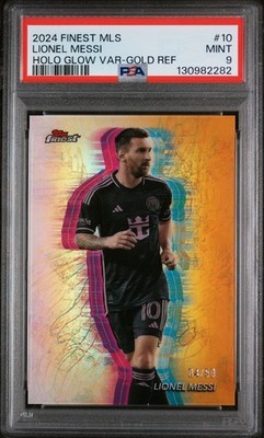 2024 Topps Finest Lionel Messi Gold Refractor Holo Glow Insert # /50 PSA 9