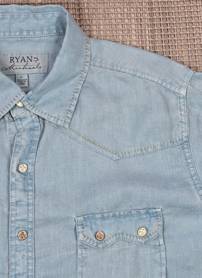 Camisa Western Ryan Michael Para Hombres L L Lino Manga Corta Prenda Teñida Azul Nube Foto 3 de 4