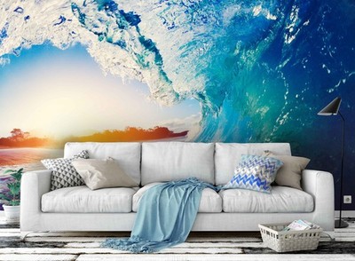 3D Sea Waves Sunset Close-up Wall Murals Wallpaper Murals Wall Sticker