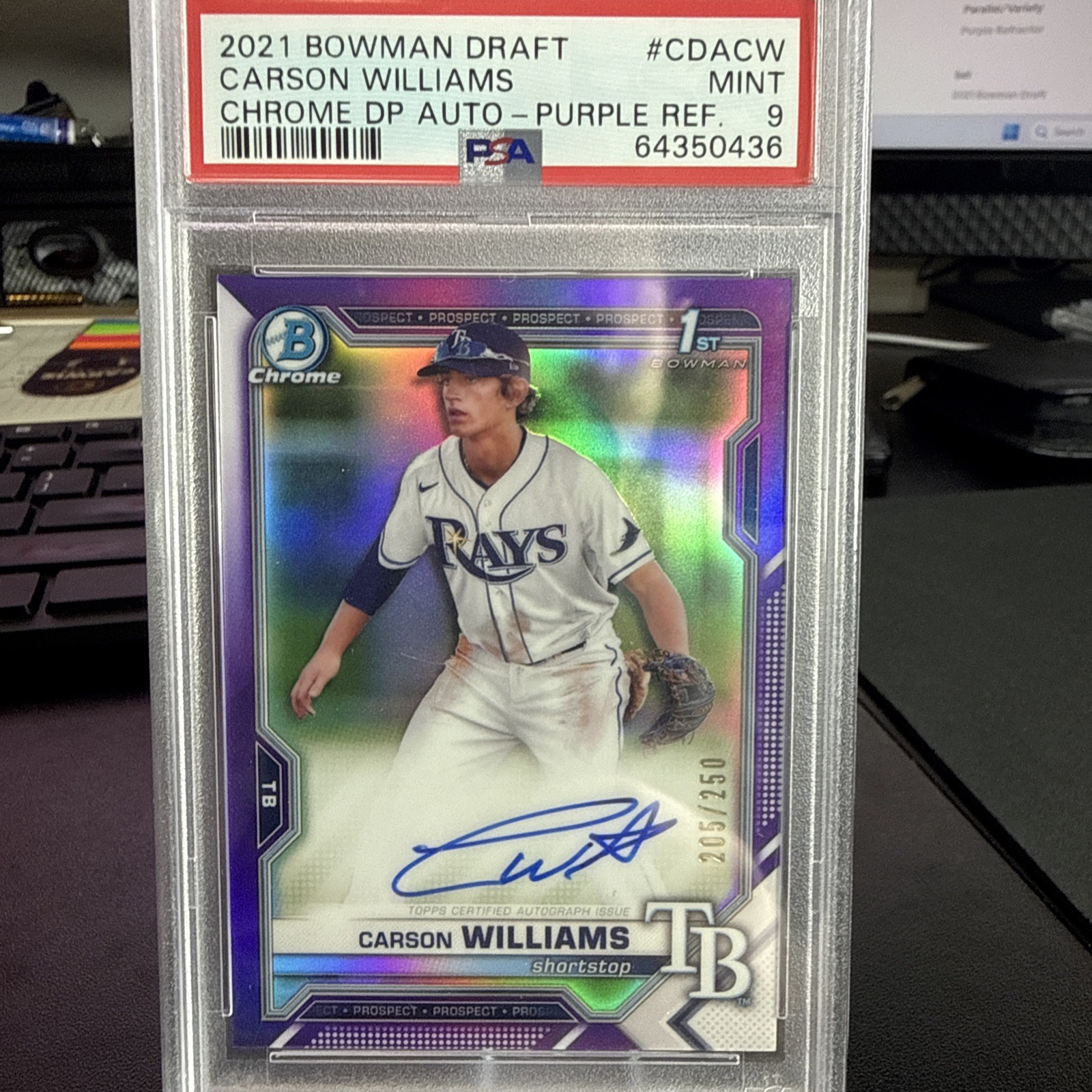 2021 Bowman Draft Chrome Carson Williams 1st Auto Purple Refractor /250 PSA 9