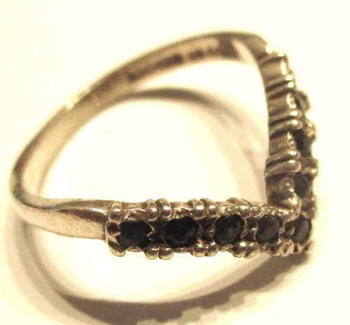 STERLING SILVER OLD VINTAGE HALF WISHBONE RING WITH 9 TINY SAPPHIRES SIZE N - Picture 2 of 2