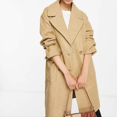 Vila Double Breasted Herringbone Coat In Beige