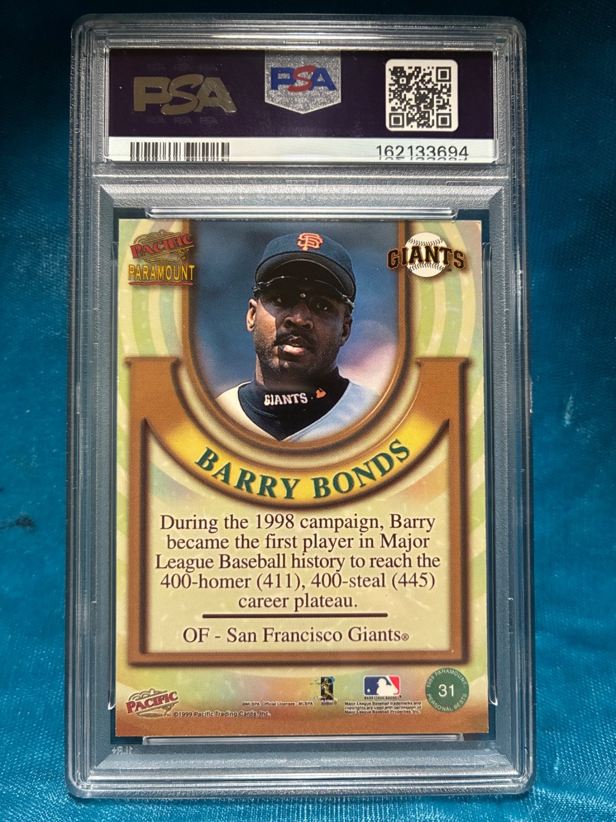 PSA 8 Pop 1 1999 Pacific Paramount PERSONAL BESTS #31 Barry Bonds SF Giants view 2