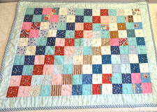 Patchwork Baby Quilt HandSewn Calico Floral Gingham Border Crib Blue cottagecore