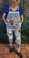 Upcycled Altered Art DENIM OVERALLS - Patchwork & Butterflies - WAX Jeans Sz MED