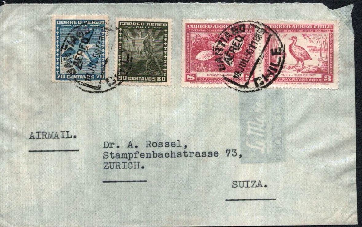 1950 Chile Santiago to Switzerland Airmail Cover with 4 Stamps