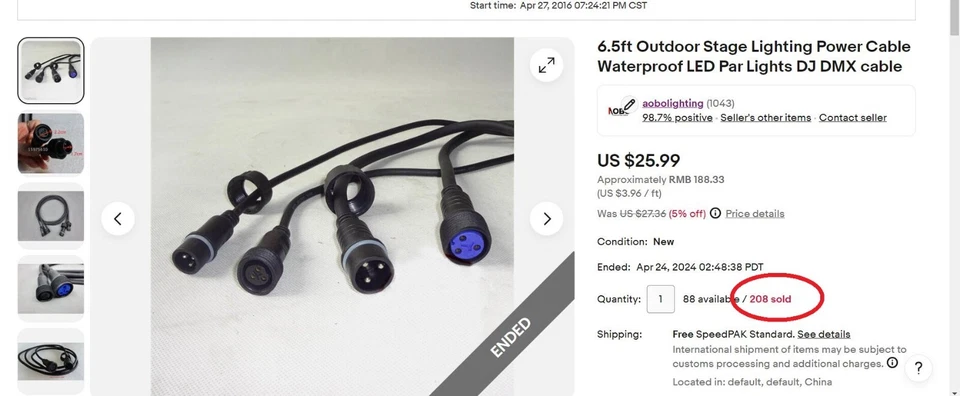 6.5ft Outdoor Stage Lighting Power Cable Waterproof LED Par Lights DJ DMX cable - Image 2 of 4