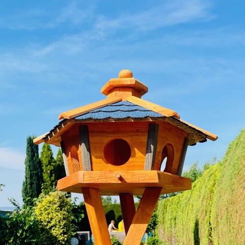 DARLUX Vogel Futter Haus L Sechseck Holz Vogelhaus Futterstelle Braun/ Blau - Bild 4 von 5