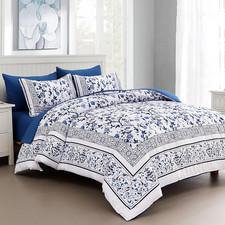 Floral Queen Comforter Set, 7 Piece Bed in a Bag Queen Size Blue Flowers on Whit