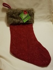 Christmas Stocking Red Cable Knit With Faux Fur Trim Grey Gray 20" Sparkly