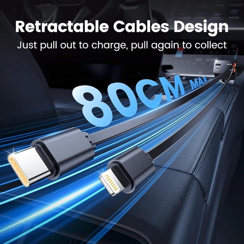 Retractable Car Charger 4 in 1 Fast Car Phone Charger 65W with USB Type C Cable - Picture 5 of 7