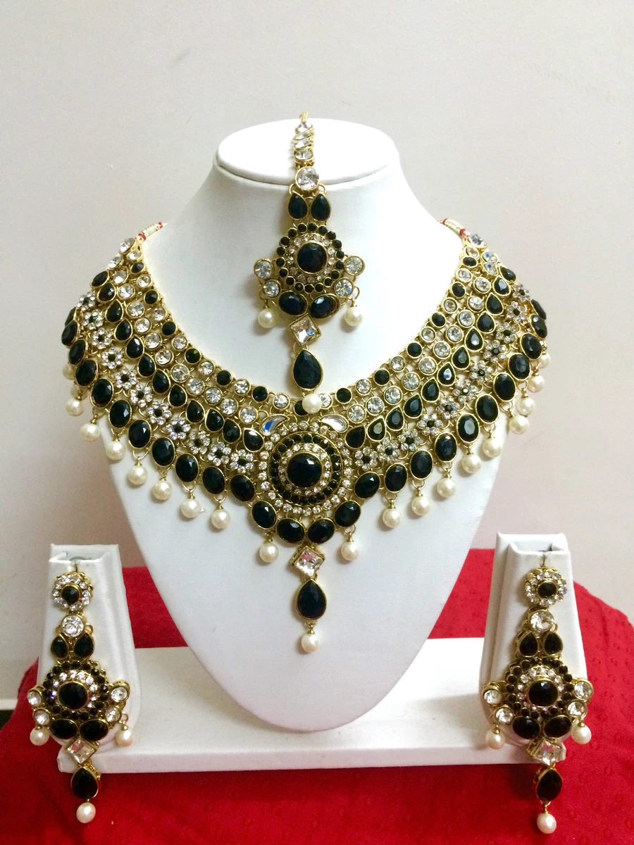 Bollywood Indian Diamante Kundan Pearl Necklace Earrings Fashion Jewellery Set