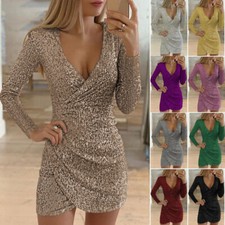 Damen Sexy Pailletten Glitzer Partykleid Langarm Abend Cocktailkleid BallkleidNC