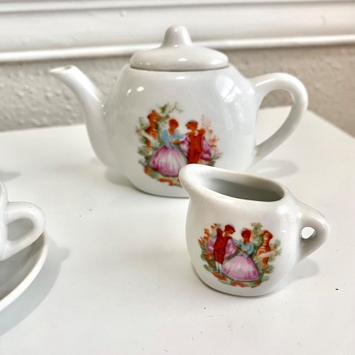 Vintage Miniature Porcelain Child's Play Toy Tea Set 16 pcs Image of Boy & Girl - Picture 3 of 7