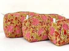 Cotton Quilted Toiletry Bags Floral Elegant Hand Block Women's Makeup Bag 3 Pcs.
