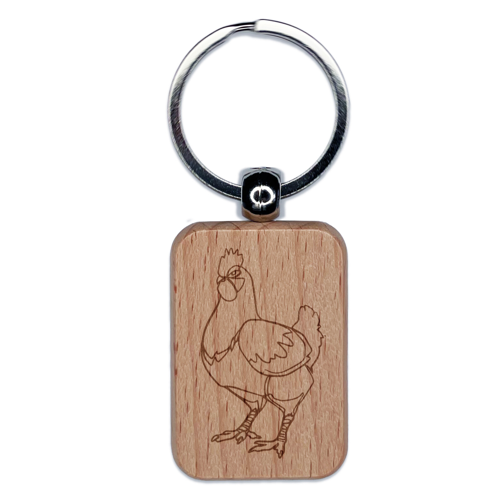 Hen Chicken Artsy Contour Line Engraved Wood Rectangle Keychain Tag Charm