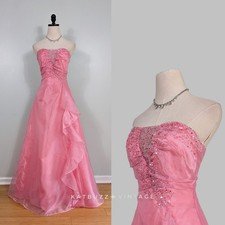 Vintage Prom Dress Maxi Gown 4 Pink Fairy Princess Strapless Ruffle Bead Y2K