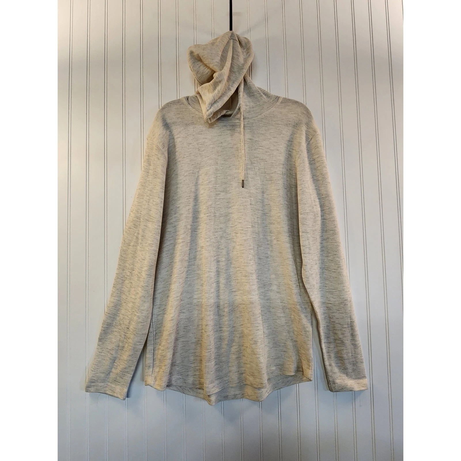 Co Eighty One Mens XL Hoodie Cream Grey Waffle Knit Henley Pullover Curved Hem