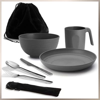 Camping Mess Kit Besteck Set mit Messer, Löffel, Gabel, Tasse, Schüssel, Teller - Bild 1 von 4