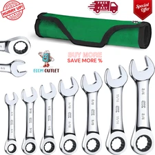 Stubby Ratcheting Wrench Set, Combination Wrench Set, 7-Piece, SAE 3/8" to 3/4''