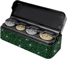 Bling Coin Holder for Car, Sparkling Rhinestone Vehicle Coin Organizer-Green