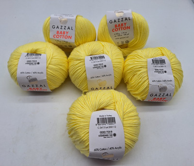 6 Balls Gazzal Baby Cotton Yarn 50g  165 m Lemon 3413  Turkey 60/40 Poly Acrylic