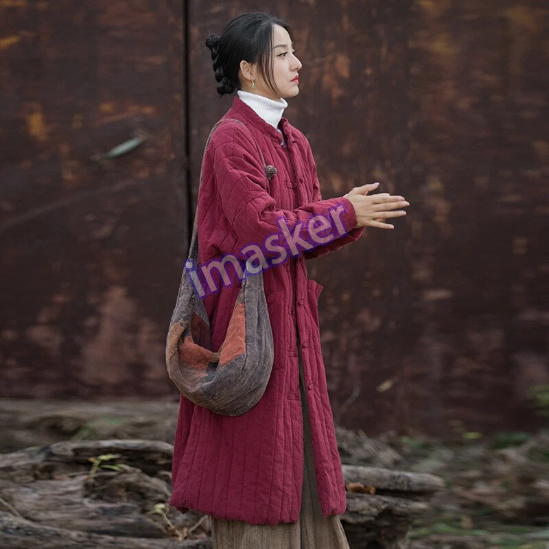 Invierno Algodón Lino Mujer Algodón Espesado Cálido Acolchado Abrigo Largo Algodón Acolchado Foto 3 de 4