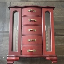 Red Wood Jewelry Box Organizer Chest w/ 5 Dra...