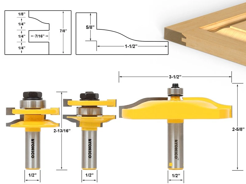 Ogee 3 Bit Cabinet Door Router Bit Set - 1/2" Shank - Yonico 12337