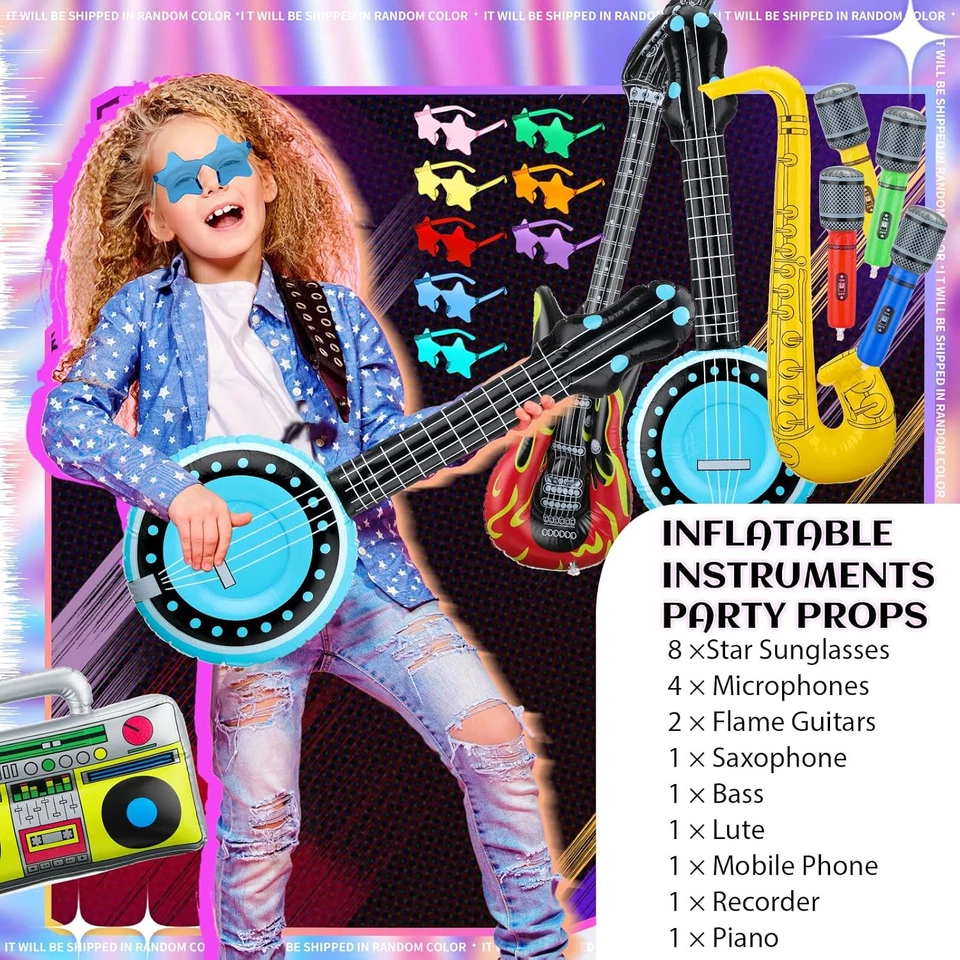 Juego de 20 piezas de instrumentos inflables accesorios de fiesta estrella de rock juguete inflable saxopo de guitarra Foto 4 de 4