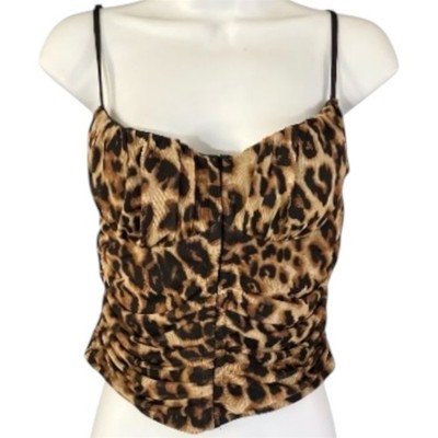 Leopard Print Mesh Ruched Corset Cropped Top XL Stretchy Retro Rockabilly Pinup