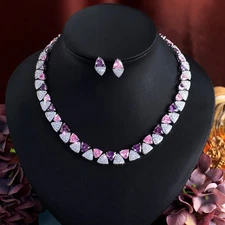 Charming CZ Pink Purple Triangles Tennis Costume Necklace Earrings Jewelry Set