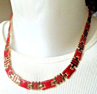 collier chaîne plate couleur or maillons émail rouge original bijou vintage 3230 - Photo 1/2
