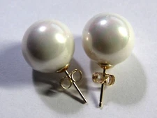 10mm 12mm Rainbow WHITE Shell Pearl Stud Earrings 14K Solid Yellow Gold Posts
