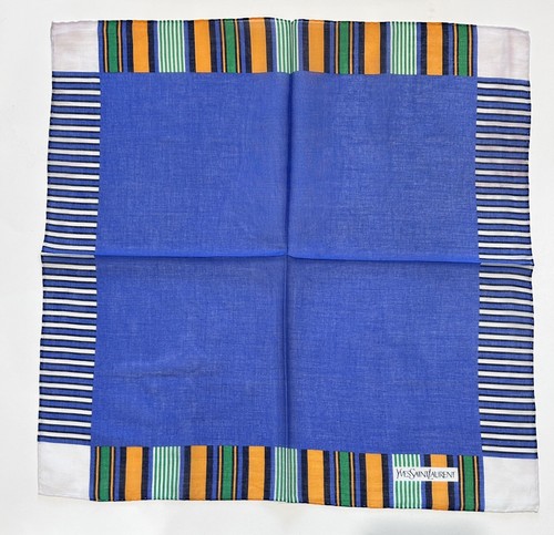 MEN HANDKERCHIEF YSL CLASSIC ART BLUE PLAID STRIPED COTTON POCKET SQUARE 18" - Picture 5 of 6