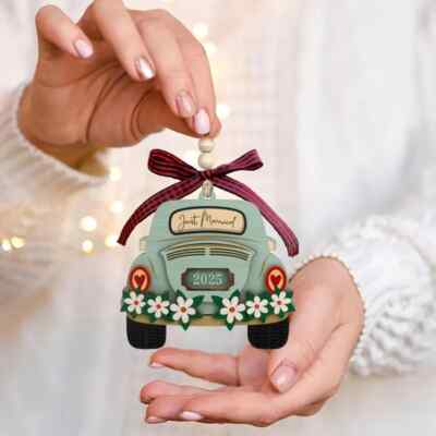 NEW Just Married 2025 Car Wood Christmas ORNAMENT Wedding Bridal VW gift tag