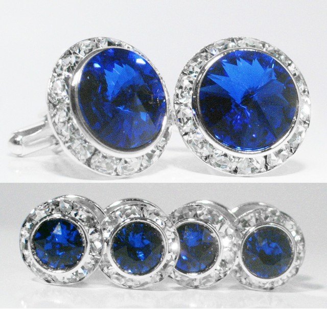 NEW COLOR!! MAJESTIC BLUE CUFFLINKS & STUDS TUXEDO SET MADE W/SWAROVSKI