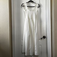 Reformation Villa Midi Dress White Medium Smocked Stretch Organic Cotton Size M