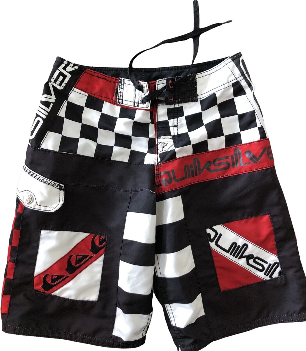 Quiksilver Black White Check Red Stitched Sewn Board Shorts Swim Mens  Size 25
