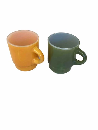 Anchor Hocking Fire King Mugs Vintage Stackable (2) Orange and Green