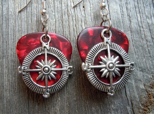 Compass Charm Guitar Pick Earrings - Pick Your Color - Picture 2 of 6