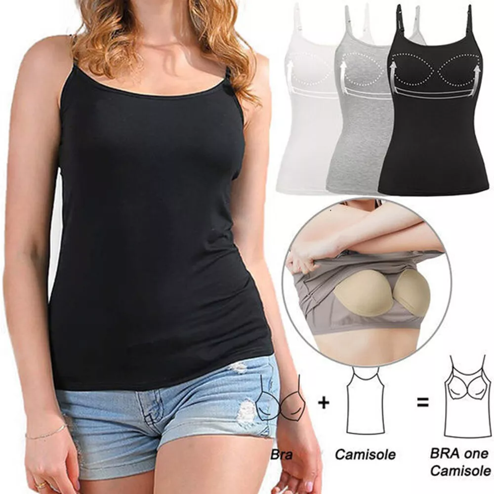 Women Adjustable Strap Camisole with Built in Padded Bra Vest Sleeveless  Tops UK