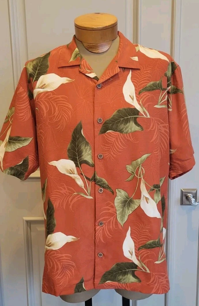 Tommy Bahama Brick Red Tropical Floral Short Sleeve Button Down Shirt Sz M 100%