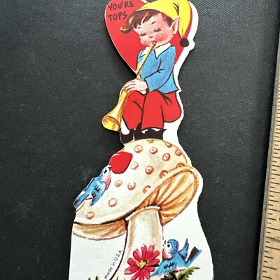 Vtg Valentine s Day Card UNUSED Diecut Elf Pixie Mushroom Blue Birds W/envelope