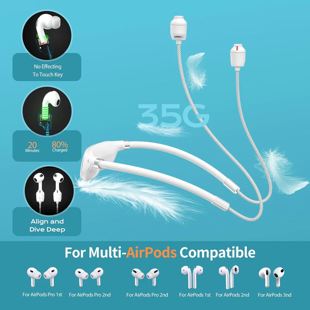 Power Bank Neck Strap for Airpods allows up to 30 hours playback time!