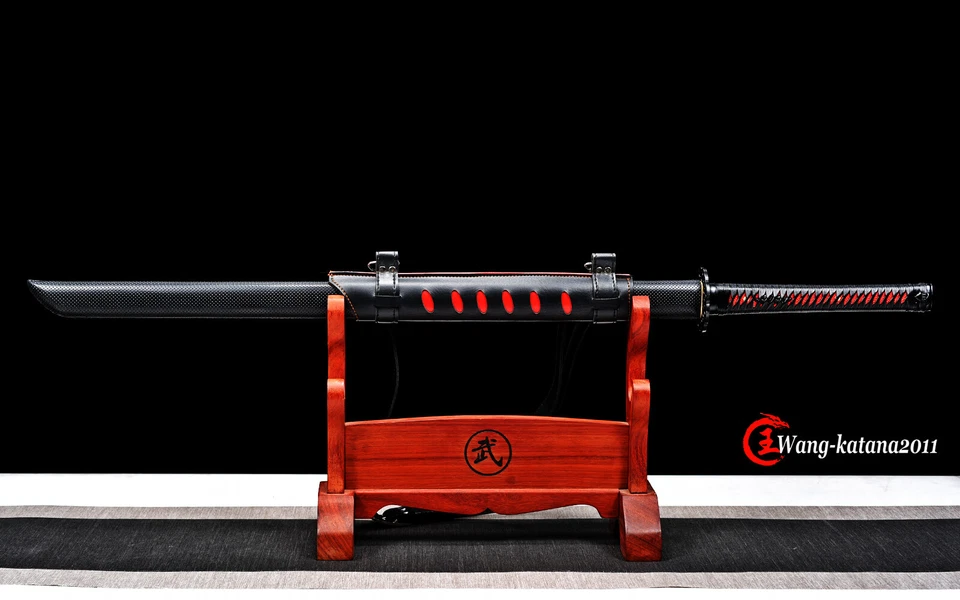 Espada recta ninja japonesa de acero negra Ninjato roja 1095 con correas  Foto 4 de 4
