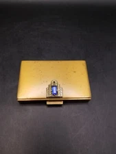 Vtg. Volupte art deco blue stone / rhinestone powder compact