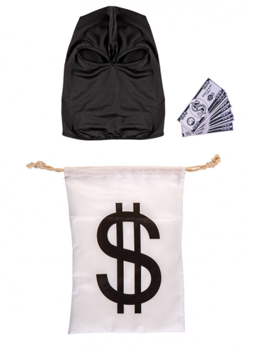 Bank Robber Burglar Fancy Dress Moneybag Swag Bag Balaclava Hood & Fake Money - 第 2/2 張圖片