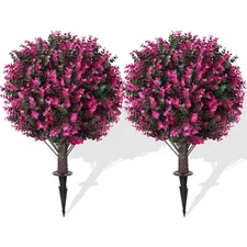 Artificial Pink Eucalyptus Topiary Ball Trees with Ground Spike, 2 Pack 16 In...